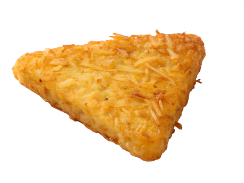 Crispy golden brown triangular hash brown with shredded cheese on a transparent background
