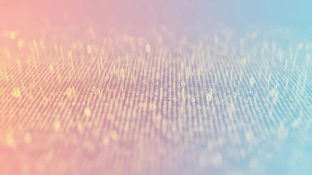 Abstract binary code data stream on blurred background with light pastel colors. Digital technology concept.