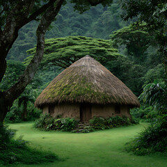 Rustic thatched hut nestled in lush green jungle foliage thatched roof mud walls