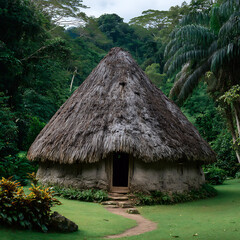 Rustic thatched hut nestled in lush green jungle foliage thatched roof mud walls