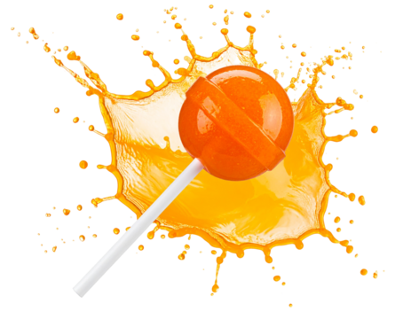 Tilted Orange Lollipop with Exploding Juice Splash – Diagonal Angle PNG