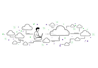 Man with laptop surrounded by cloud network illustration for SaaS onboarding