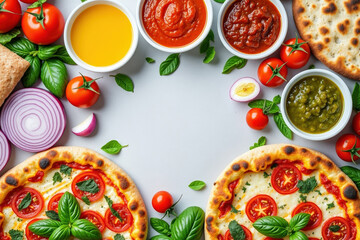Artistic Flat Lay of Italian Pizza Ingredients with Fresh Basil and Tomato Slices on a White Surface for Culinary and Food Photography