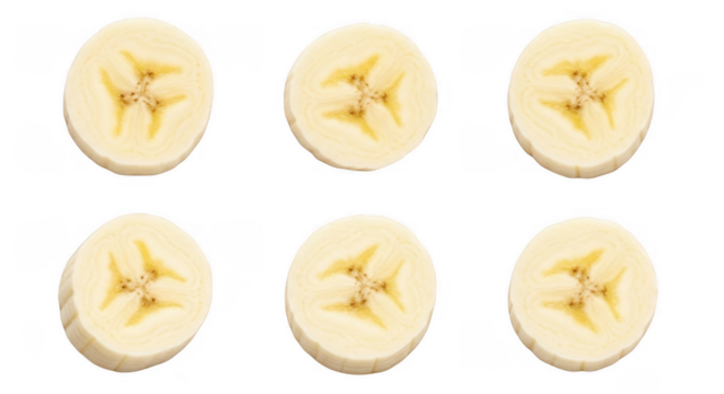 Freshly Cut Banana Slices Displayed in Various Arrangements for Culinary and Healthy Lifestyle Themes, isolated on a transparent background