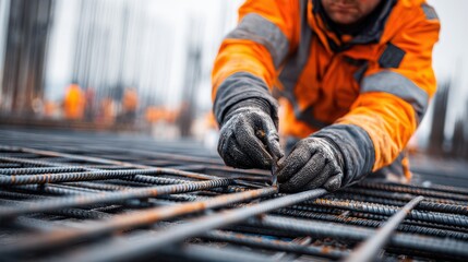A construction worker in an orange safety jacket and gloves focuses on arranging steel reinforcement bars at a building site. The atmosphere is cloudy, hinting at possible rain