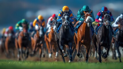 Horse racing action unfolds as multiple horses and jockeys gallop down the track, showcasing vibrant colors against a lush background in this thrilling afternoon competition