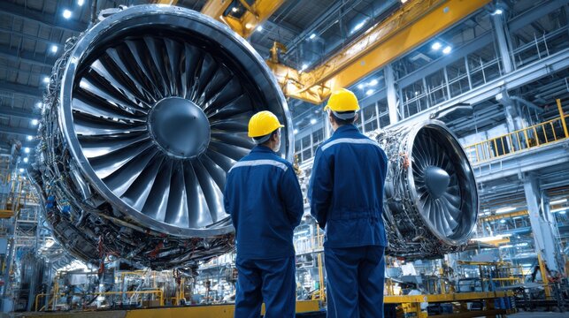 Two workers in hard hats examine large jet engines assembled in a manufacturing facility. The bright, spacious area is filled with machinery and overhead cranes
