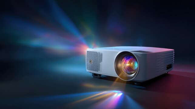 A modern projector displays colorful light beams in a dimly lit room. The sleek device emits bright, vivid colors that illuminate the surrounding darkness, perfect for presentations or movie nights