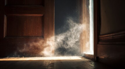 Ajar wooden door with light shining through and dust particles floating in the air