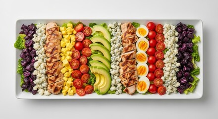 Chef salad with grilled chicken, avocado, beets, tomatoes, eggs, and cheese on a white plate