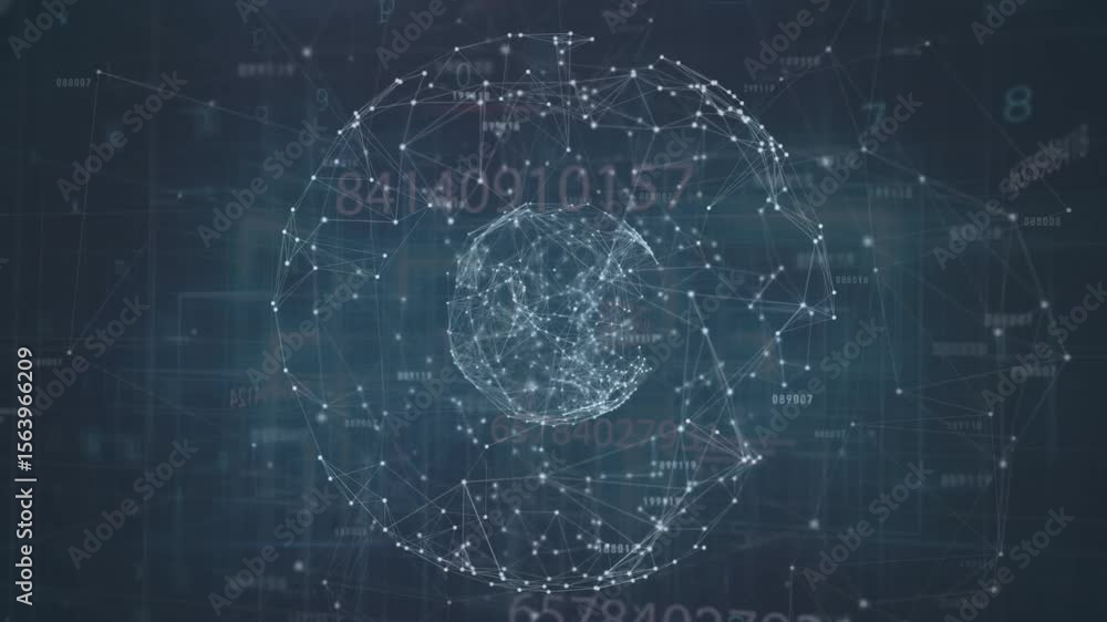 Poster at first second glowing nodes assembling into pulsing rotating data sphere visualizing live network