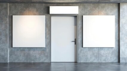 White door and blank white frames hang on a concrete wall. Concept of: Empty canvas.

