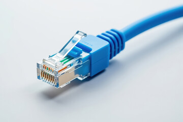 Blue Ethernet Cable Close Up A Detailed View of RJ45 Connector for Network Connectivity on a Clean White Surface for Data Transfer