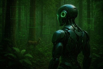 Fototapeta premium Futuristic Robot Scanning Forest with Green Holographic Overlays and Wildlife Detection in Dense Jungle