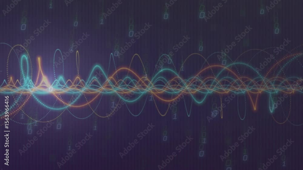 Poster opening purple grid with colorful pulsing waveforms while binary digits falling showing data flow
