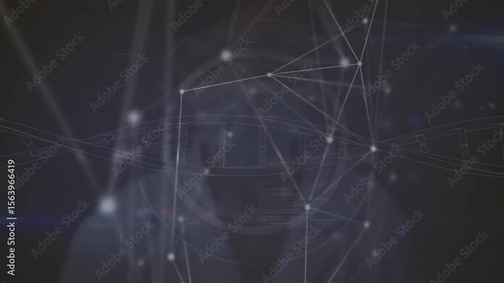 Poster hooded figure viewing nodes forming network reticle aligning face analysis dissolving silhouette