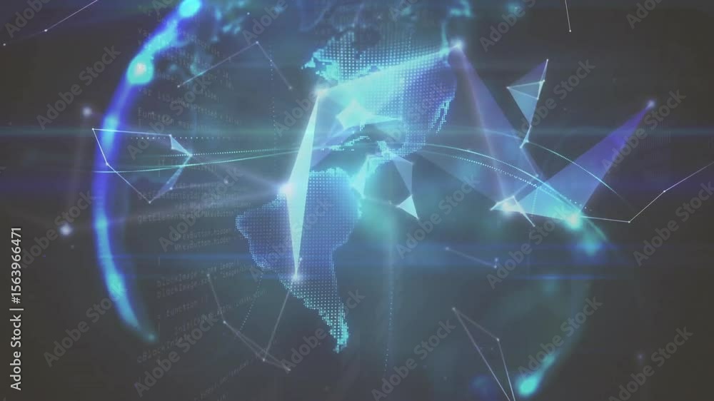 Poster glowing nodes drifting, facets converging into wireframe globe rotating showing data exchange