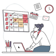 A focused woman plans her tasks and schedule on a large calendar board while working on her laptop at her desk