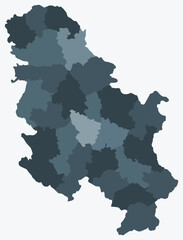 Obraz premium Map of Serbia with regions. Just a simple country border map with region division. Blue grey color palette. Plain Republic of Serbia shape with administrative division. Vector illustration.