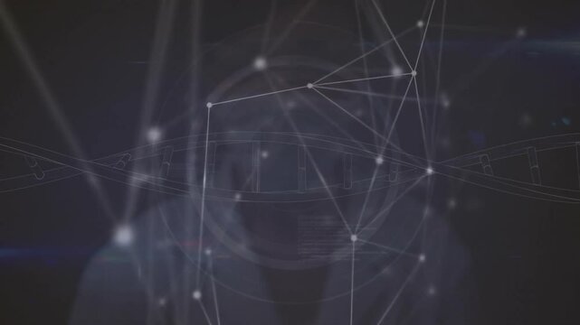 Hooded figure viewing nodes forming network reticle aligning face analysis dissolving silhouette