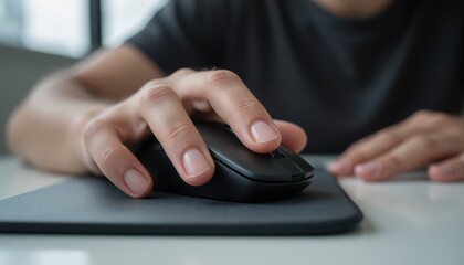close up of bitten fingernails or tapping fingers anxiously on the mousepad, suggesting internal stress.