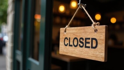 A "CLOSED" sign hangs on a wooden board in a storefront window, indicating the business is currently shut. Concept of: Service interruption.