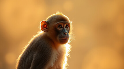 A photograph of a monkey in a soft, dreamy atmosphere, warm golden glow, gentle soft light, diffused shadows, subtle illumination, hazy, radiant and luxurious