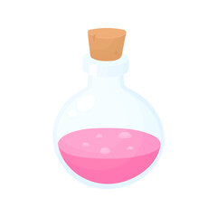 Pink love potion in a bottle with a cork. Element of magic. February 14. Concept Valentine's Day