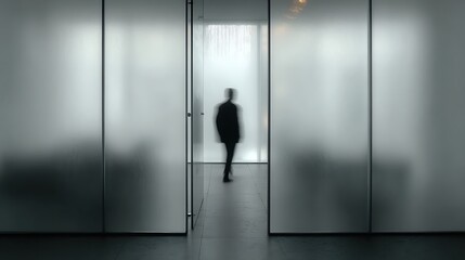 A blurred figure walking through a modern hallway with frosted glass partitions view