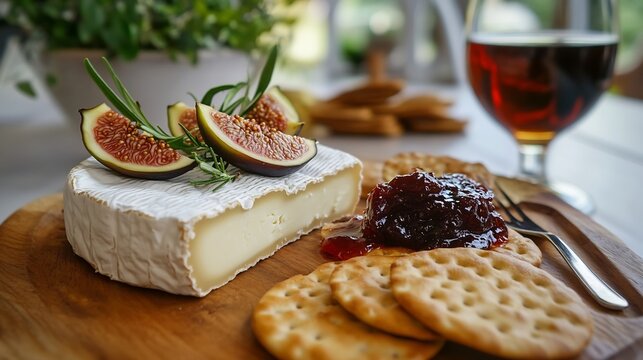 Robiola di Roccaverano DOP, soft goat and cow's milk cheese, slightly runny, served with fig jam on artisan crackers, elegant, natural light.