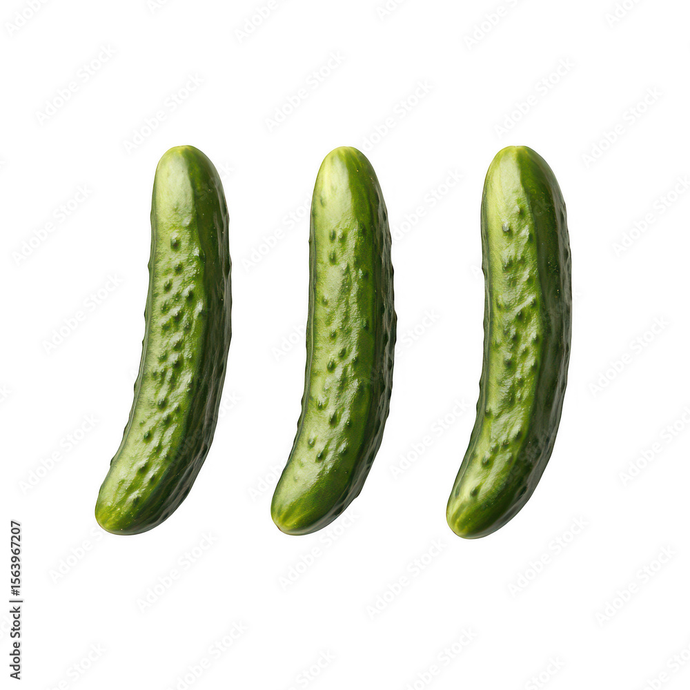 Poster three fresh green cucumbers with textured skin arranged in a row isolated on transparent background