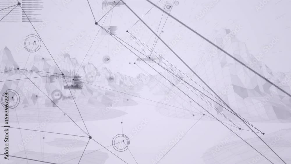 Poster central node appearing and extending lines while icons pulsing on terrain, showing network growth
