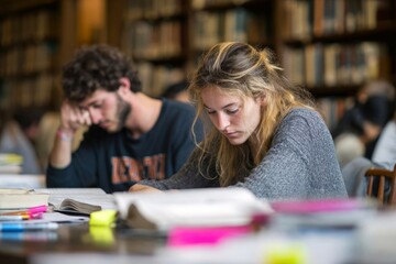 Students studying in library, doing research with focused expressions, high school learning concept