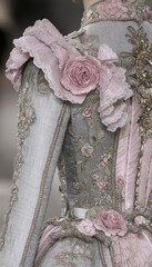 Close-up of a beautifully detailed light grey and pink gown with intricate embroidery and delicate floral embellishments.