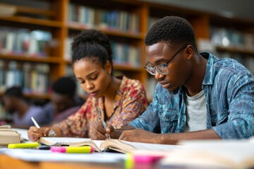 Students studying in library, doing research with focused expressions, high school learning concept
