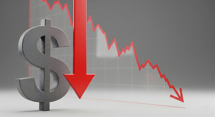 Photo-realistic dollar symbol with falling arrow in front of semi-transparent steep decline graph — The Fall of the US Dollar