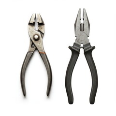 Close-up of two pliers on white background, one vintage and one modern, ideal for tool comparisons, hardware catalogs, or repair and maintenance visuals