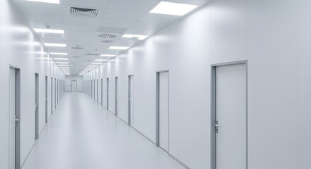 Clean Modern Sterile Corridor:  Long Perspective of White Walls, Doors, and Bright Lighting in a Clinical or Pharmaceutical Setting.