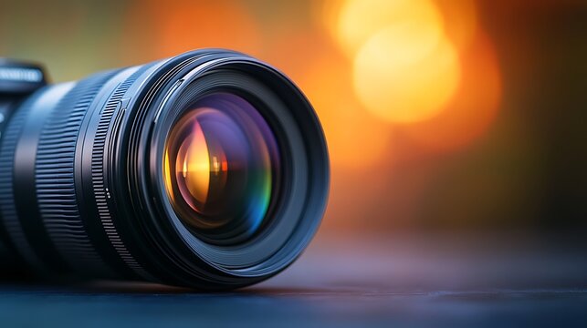 A high-quality DSLR lens on the left, softly blurred photography studio background