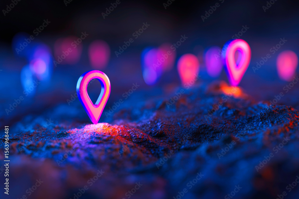 Poster digital map interface with glowing location pins on network connections futuristic navigation tech