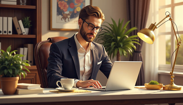 Young man working on laptop in home office with plants and decor  