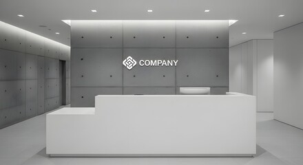 Modern minimalist office reception area: white desk, concrete wall, company logo.