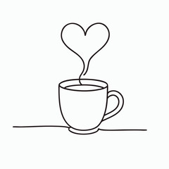 Continuous one-line drawing of a coffee cup with steam forming a heart. Minimalist black line art on a soft white background. Elegant and modern vector concept.