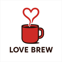 Vector logo for a coffee shop named 'Love Brew'. A simple, iconic red mug with stylized steam swirling into a heart shape above it. Use a clean, modern, flat art style with a limited color palette.
