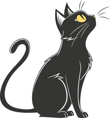 Stylish black cat sitting looking up with yellow eyes vector art design