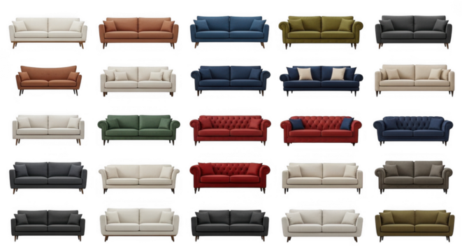 Diverse Collection of Stylish Sofas in Various Colors and Designs Tailored for Modern Interiors and Living Spaces, isolated on a transparent background