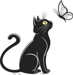 Black cat with yellow eyes sitting and watching butterfly vector art