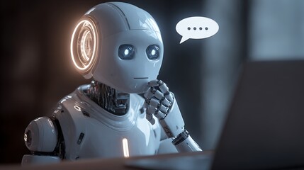 Close up of a white robot with glowing eyes thinking in front of a laptop screen