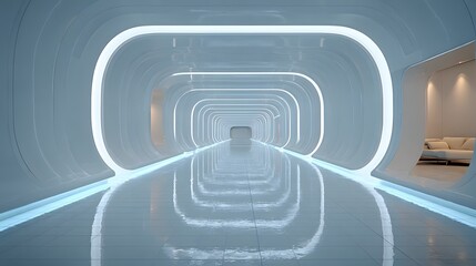 Fototapeta premium Futuristic White Corridor: Modern, Clean, and Serene Architectural Design with Subtle Ambient Lighting.