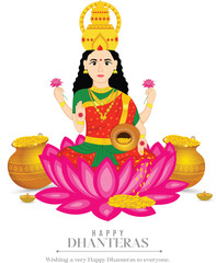Illustration of happy dhanteras gold coin in pot with maa lakshmi celebration